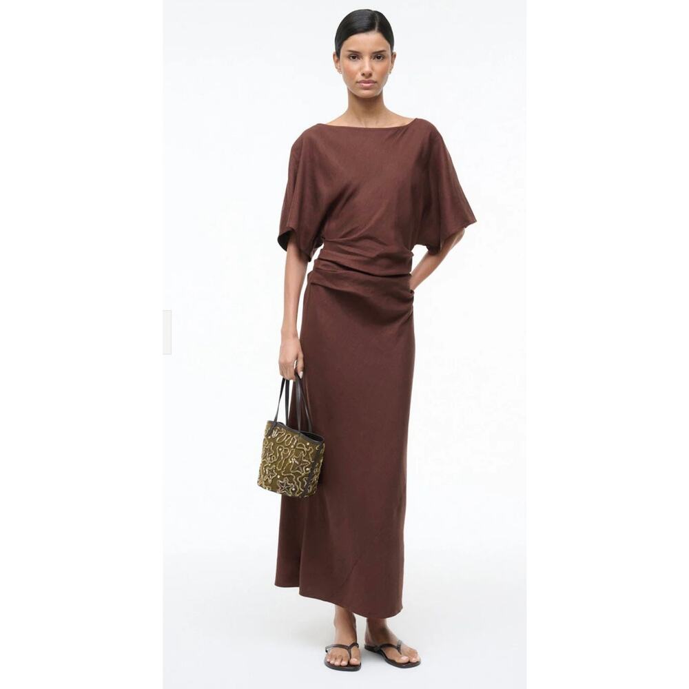 STAUD Amelie Dark Oak Ruched Linen Blend Dress - Size Large